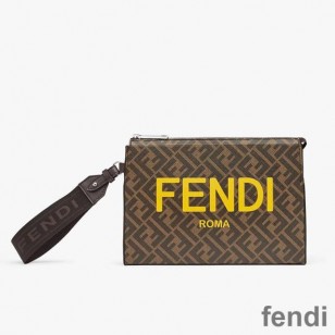 Fendi Clutch Pack In Roma Logo FF Motif Fabric Brown