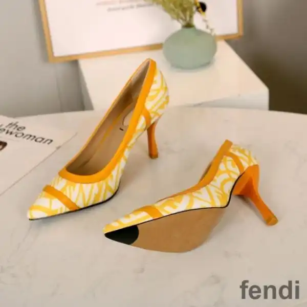 Affordable Fendi Colibri Pumps Women FF Vertigo Motif Glazed Canvas Yellow