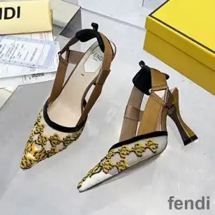 Fendi Colibri Slingback Pumps Women Karligraphy Motif Mesh Brown