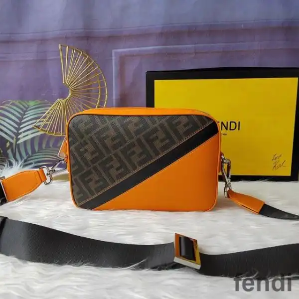 Cheap Fendi Compact Camera Case In FF Motif Fabric Brown Orange