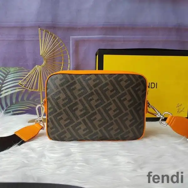 Cheap Fendi Compact Camera Case In FF Motif Fabric Brown Orange