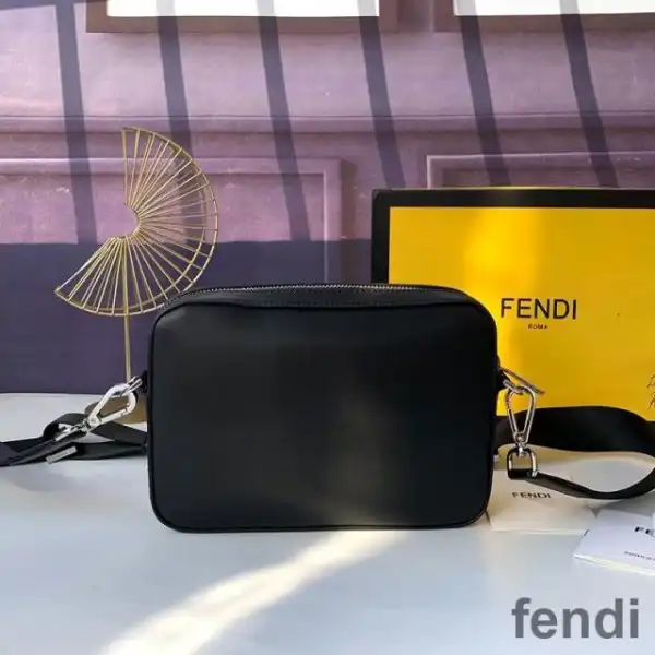 Affordable Fendi Compact Camera Case In ROMA Logo Calf Leather Black