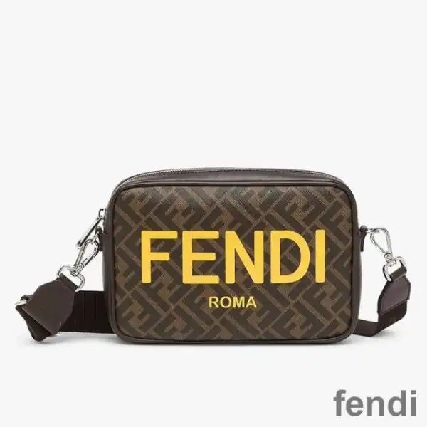 Affordable Fendi Compact Camera Case In ROMA Logo FF Motif Fabric Brown