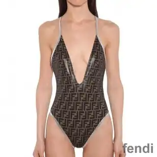 Fendi Crisscross Swimsuit Women FF Motif Lycra Brown Silver