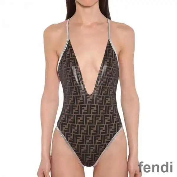 Cheap Fendi Crisscross Swimsuit Women FF Motif Lycra Brown Silver