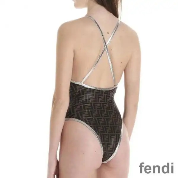 Cheap Fendi Crisscross Swimsuit Women FF Motif Lycra Brown Silver