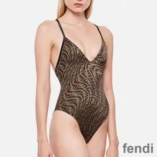 Fendi Crisscross Swimsuit Women FF Vertigo Motif Lycra Brown Black