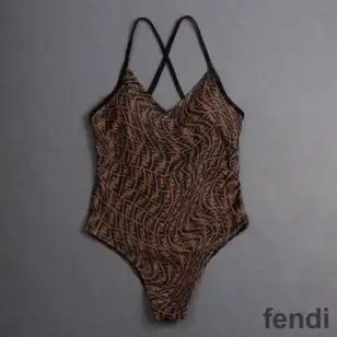 Fendi Crisscross Swimsuit Women FF Vertigo Motif Lycra Brown