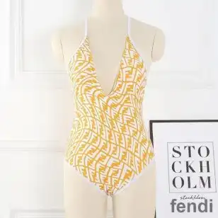 Fendi Crisscross Swimsuit Women FF Vertigo Motif Lycra Yellow