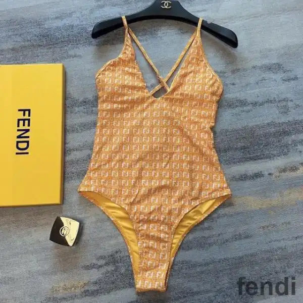 Affordable Fendi Crisscross Swimsuit Women Jacquard FF Motif Lycra Yellow