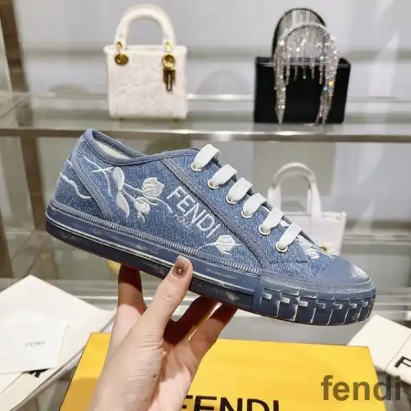 Affordable Fendi Domino Sneakers Unisex Floral Motif Denim Blue