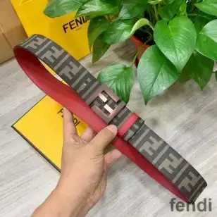 Fendi Enamel FF Buckle Reversible Belt In FF Motif Fabric and Calfskin Brown Coffee