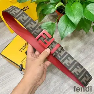 Fendi Enamel FF Buckle Reversible Belt In FF Motif Fabric and Calfskin Brown Red