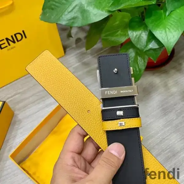 Affordable Fendi FF Buckle Reversible Belt In Calfskin Yellow Silver