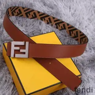 Fendi FF Buckle Reversible Belt In FF Motif Fabric and Nappa Leather Brown Silver