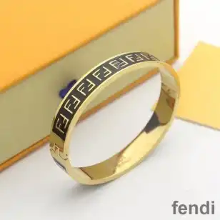 Fendi FF Ragid Bracelet In Enameled Metal Black Gold