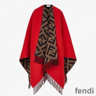 Fendi FF Reversible Poncho In Wool and Cashmere Red