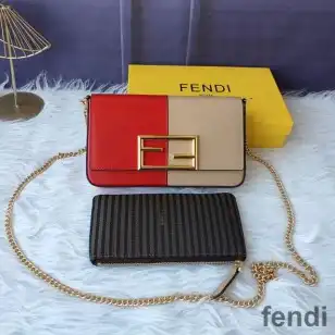 Fendi FF Wallet On Chain With Pouches In Calf Leather Red Pink