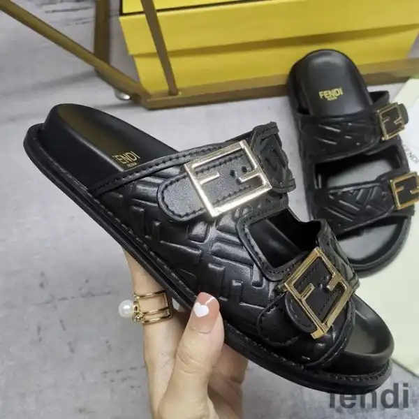 Affordable Fendi Feel Slides Unisex FF Motif Nappa Leather Black