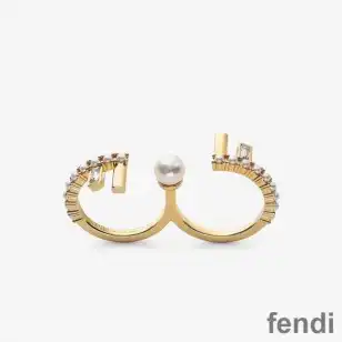 Fendi First Double Ring In Metal with Crystals and Pearls Gold