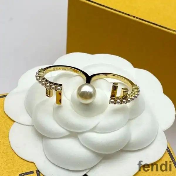 Cheap Fendi First Double Ring In Metal with Crystals and Pearls Gold