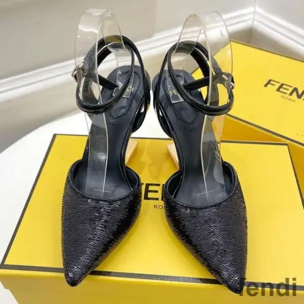 Affordable Fendi First Slingback Pumps Women Calf Leather with Sequins Embroidery Black