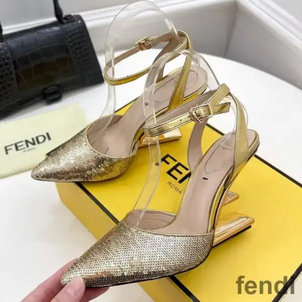 Cheap Fendi First Slingback Pumps Women Calf Leather with Sequins Embroidery Gold