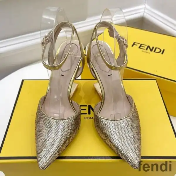 Cheap Fendi First Slingback Pumps Women Calf Leather with Sequins Embroidery Gold