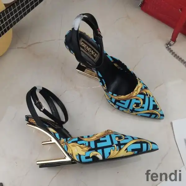 Cheap Fendi First Slingback Pumps Women Fendace Baroque Fabric Sky Blue