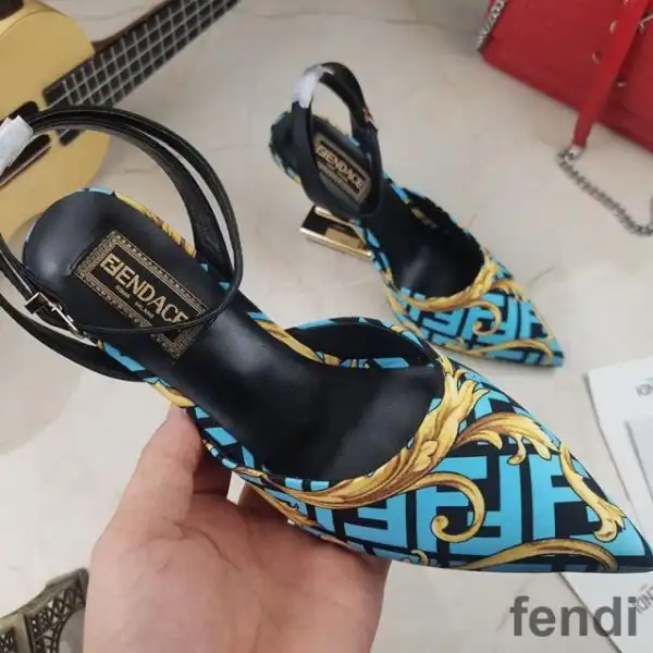 Cheap Fendi First Slingback Pumps Women Fendace Baroque Fabric Sky Blue