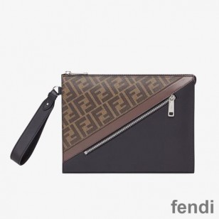 Fendi Flat Pouch In FF Motif Fabric Brown Coffee