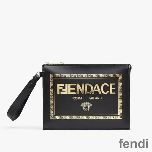 Affordable Fendi Flat Pouch In Fendace Logo Calf Leather Black