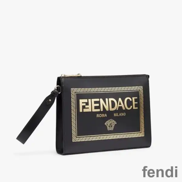 Affordable Fendi Flat Pouch In Fendace Logo Calf Leather Black