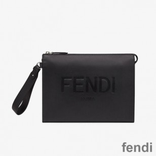 Fendi Flat Pouch In Roma Logo Calf Leather Black