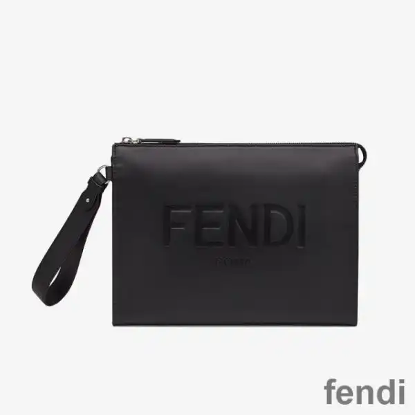 Affordable Fendi Flat Pouch In Roma Logo Calf Leather Black