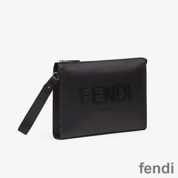 Affordable Fendi Flat Pouch In Roma Logo Calf Leather Black