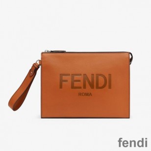 Fendi Flat Pouch In Roma Logo Calf Leather Brown