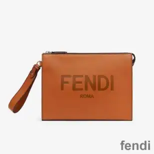 Affordable Fendi Flat Pouch In Roma Logo Calf Leather Brown