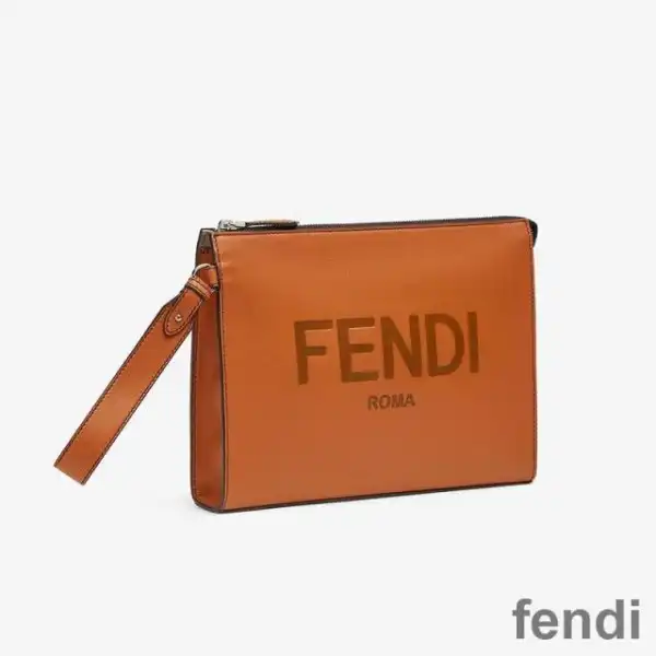 Affordable Fendi Flat Pouch In Roma Logo Calf Leather Brown