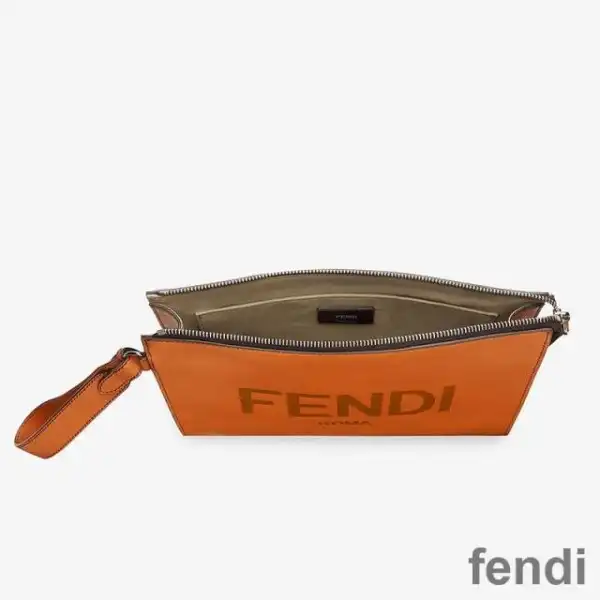 Affordable Fendi Flat Pouch In Roma Logo Calf Leather Brown