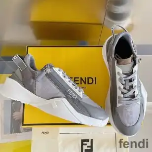 Affordable Fendi Flow Sneakers Men FF Motif Fabric and Suede Grey