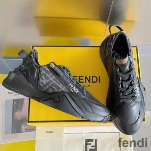 Fendi Flow Sneakers Men Leather and FF Motif Fabric Black