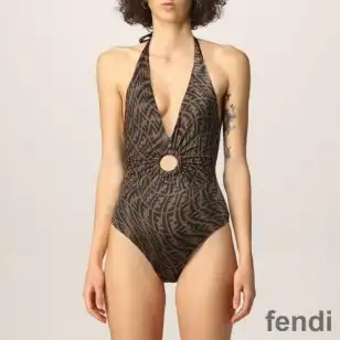 Fendi Halterneck Swimsuit Women FF Vertigo Motif Lycra Brown