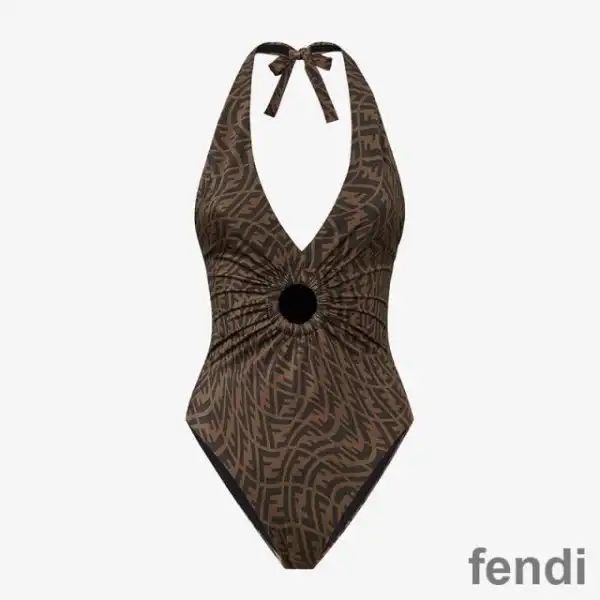 Cheap Fendi Halterneck Swimsuit Women FF Vertigo Motif Lycra Brown