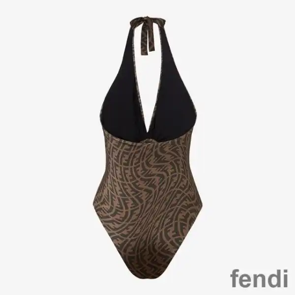 Cheap Fendi Halterneck Swimsuit Women FF Vertigo Motif Lycra Brown