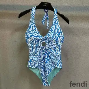 Fendi Halterneck Swimsuit Women FF Vertigo Motif Lycra Sky Blue