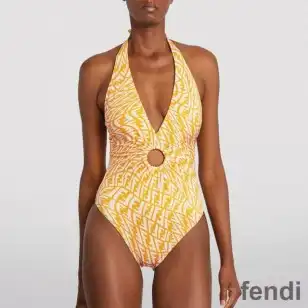 Fendi Halterneck Swimsuit Women FF Vertigo Motif Lycra Yellow