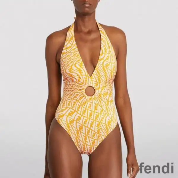 Affordable Fendi Halterneck Swimsuit Women FF Vertigo Motif Lycra Yellow