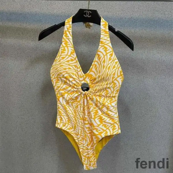 Affordable Fendi Halterneck Swimsuit Women FF Vertigo Motif Lycra Yellow