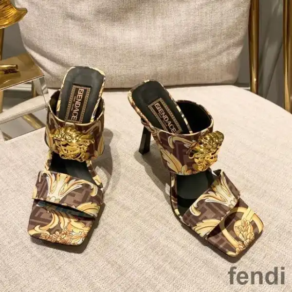 Cheap Fendi Heeled Slides Women Fendace Baroque Fabric Brown